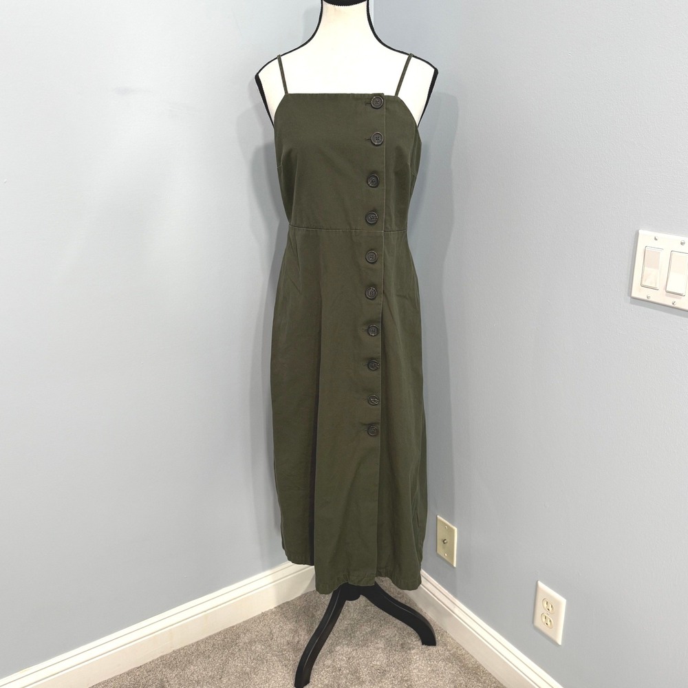 Who What Wear Olive Army Green Button-Front Midi Sundress S 100% Cotton